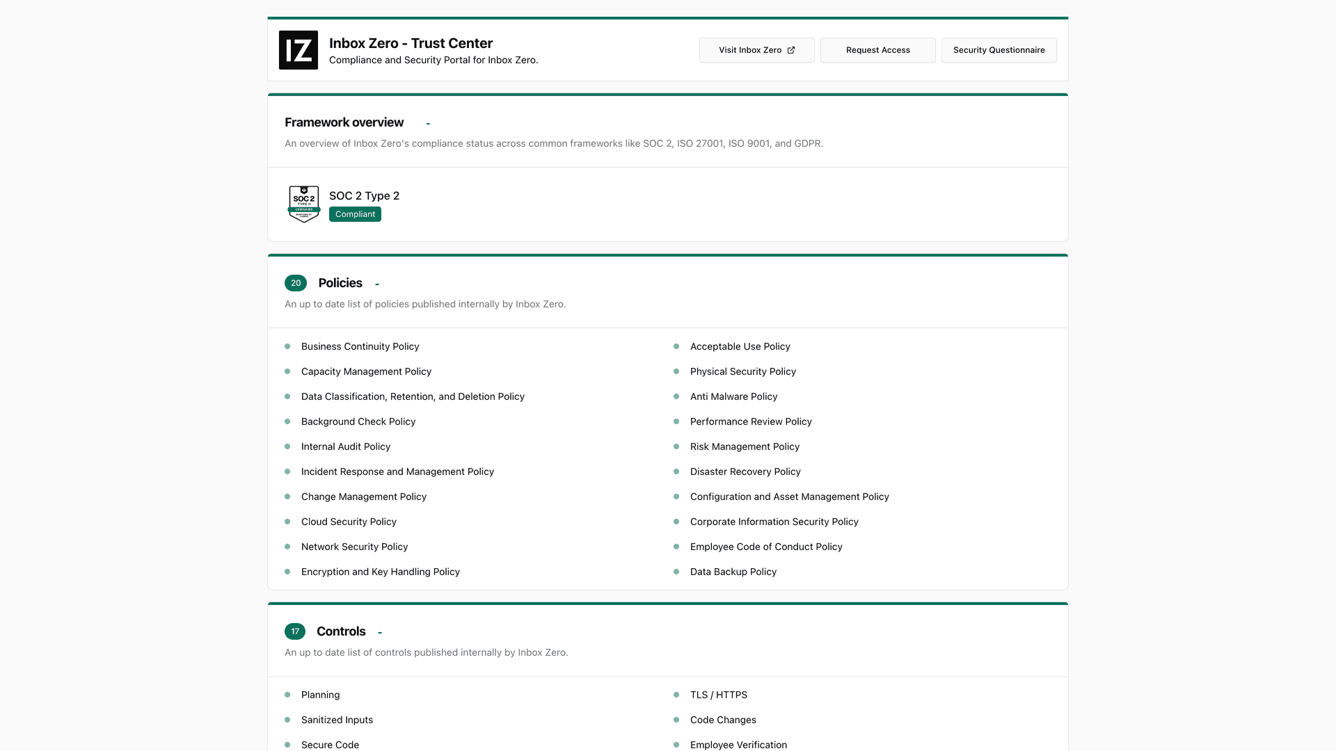 Inbox Zero security trust center showing SOC 2 Type 2 compliance badge, 20 published security policies, and 17 controls