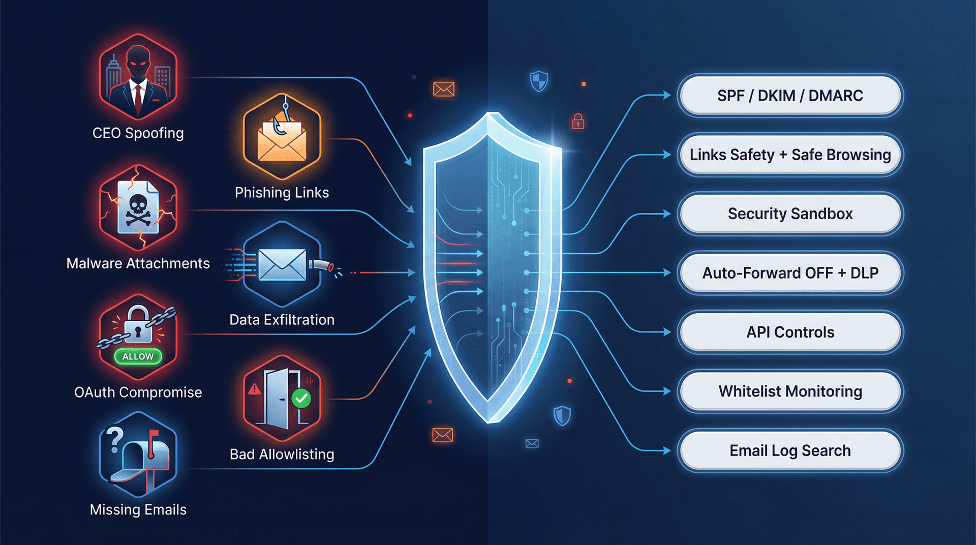 Editorial illustration mapping email threat types to Google Workspace admin security controls, showing attack vectors blocked by layered defenses