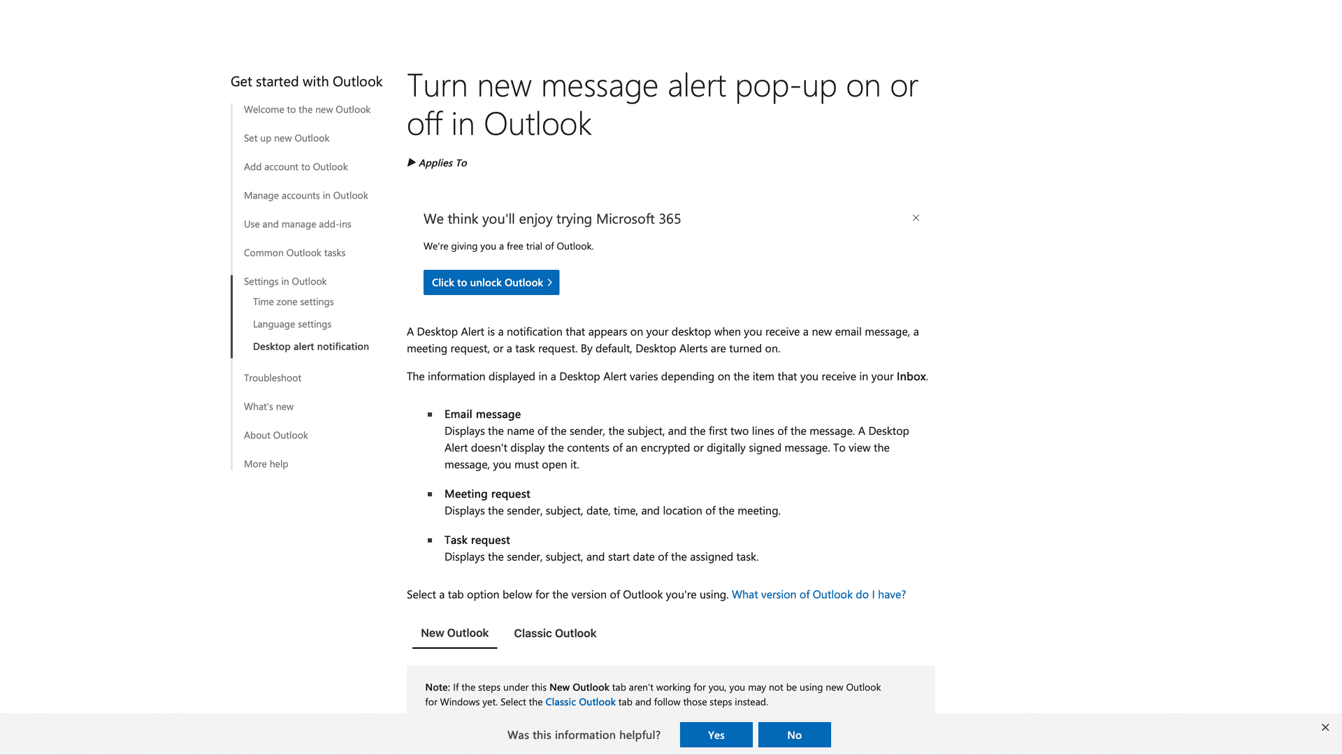 Outlook desktop alert settings documentation