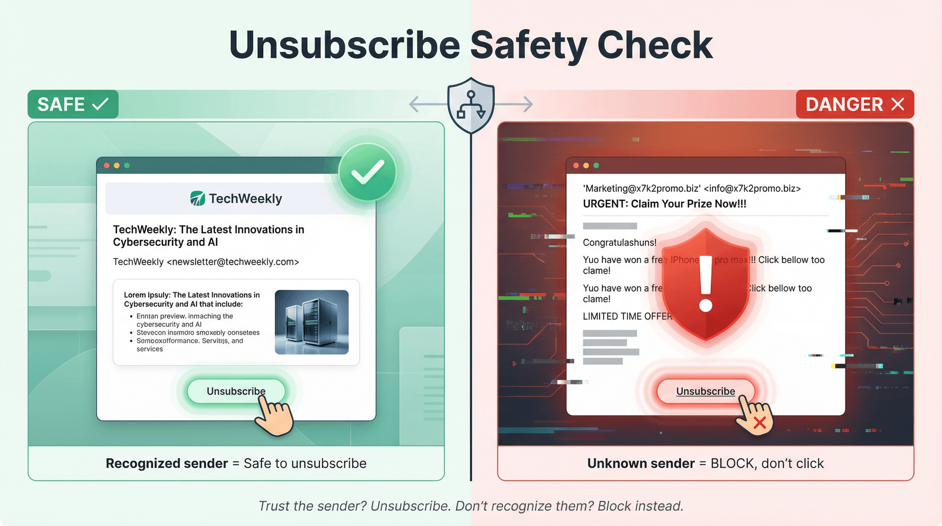 Split visual showing safe vs dangerous unsubscribe scenarios with clear security decision tree