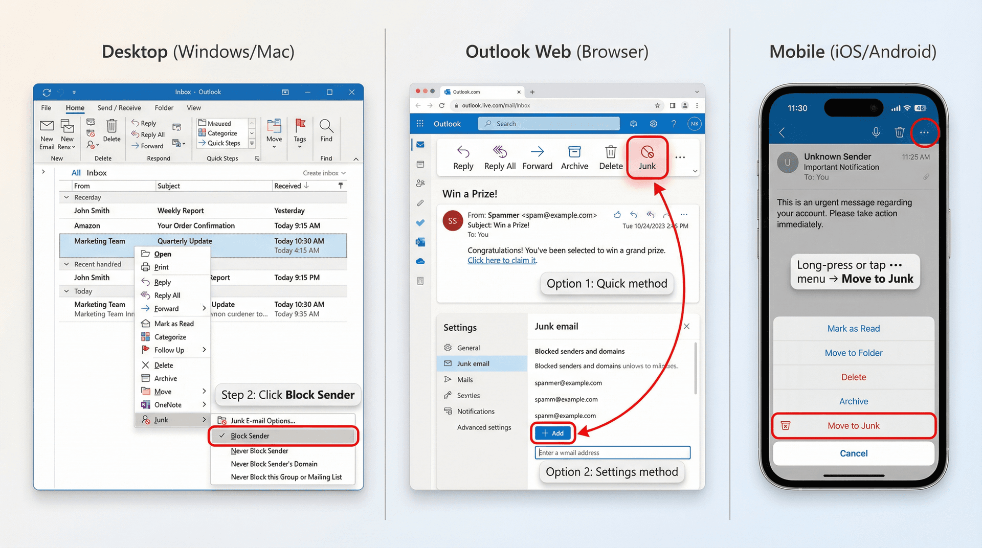 Three-panel UI mockup showing Outlook blocking interface on Desktop, Web, and Mobile platforms with highlighted controls