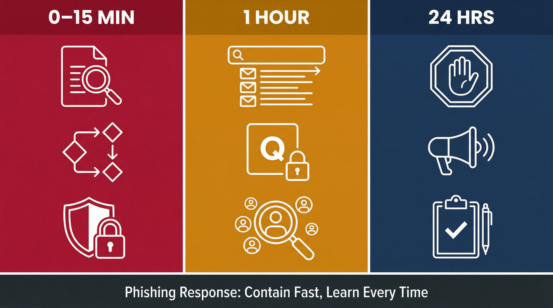 Three-phase phishing incident response timeline showing actions for first 15 minutes, first hour, and first 24 hours after an attack