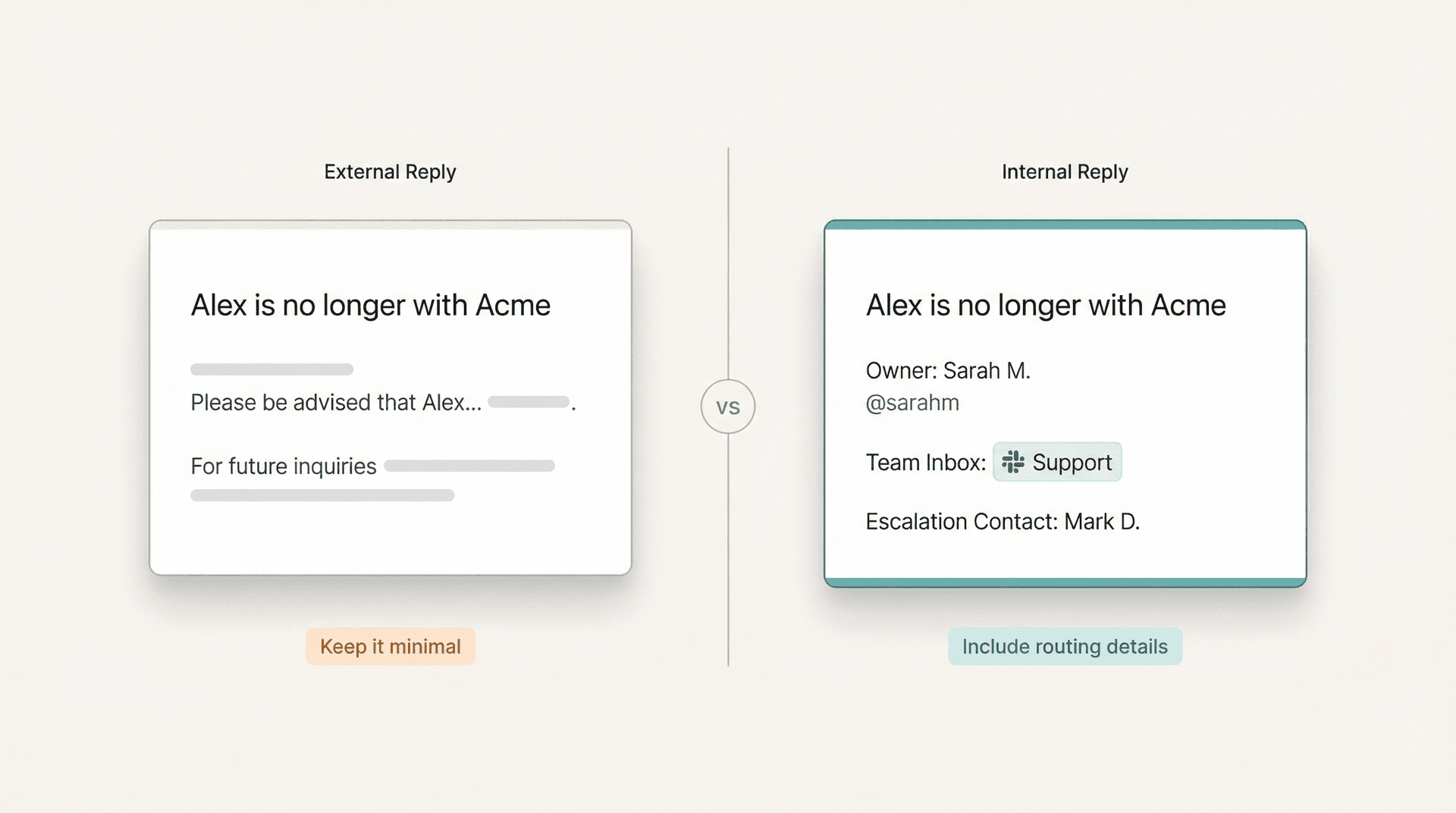 Side-by-side comparison of external vs internal auto-reply email templates for employee offboarding