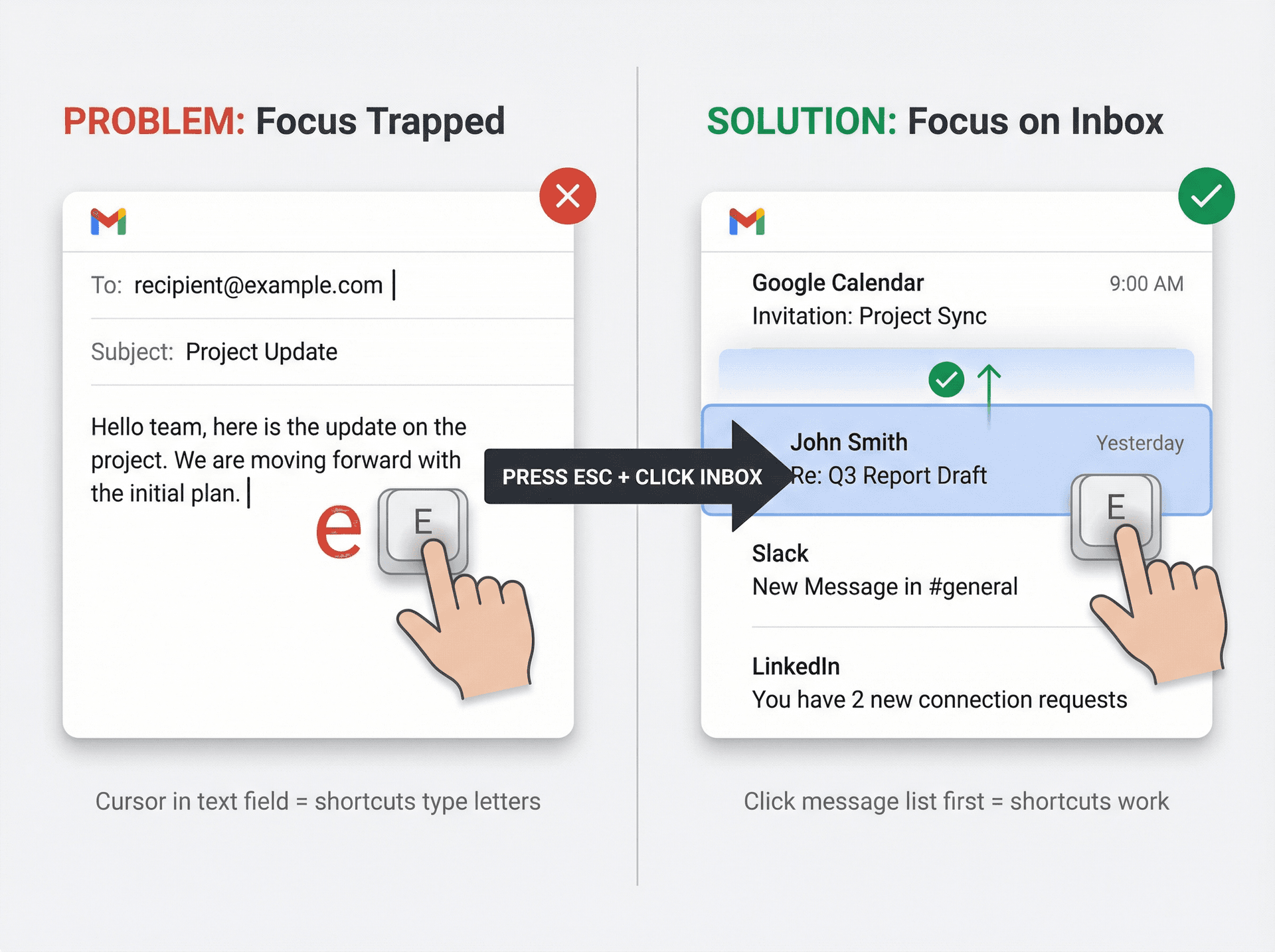 Split comparison showing cursor trapped in Gmail compose window vs correct focus on inbox list for keyboard shortcuts